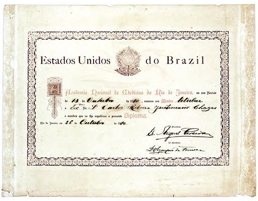 Diploma de nomeação como membro titular da Academia Nacional de Medicina. Rio de Janeiro, 26 out. 1910 Acervo Casa de Oswaldo Cruz Certificate naming Chagas a fellow of the National Academy of Medicine. Rio de Janeiro, Oct. 26, 1910