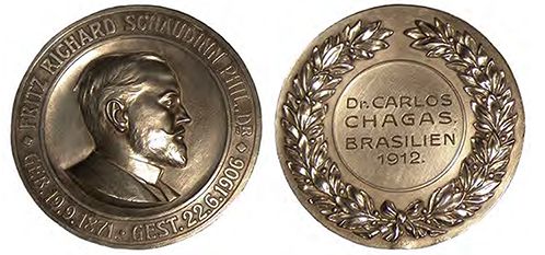 Medalha do Prêmio Schaudinn, concedido pelo Instituto de Doenças Marítimas e Tropicais de Hamburgo, Alemanha, 1912 Acervo Casa de Oswaldo Cruz Schaudinn Prize medal, bestowed by the Institute for Maritime and Tropical Diseases in Hamburg, Germany, 1912