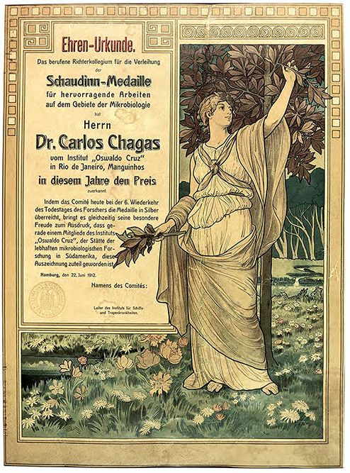 Diploma do Prêmio Schaudinn, conferido pelo Instituto de Doenças Marítimas e Tropicais de Hamburgo, Alemanha, em 22 de junho de 1912 Acervo Casa de Oswaldo Cruz Certificate of the Schaudinn Prize bestowed on Chagas by the Institute for Maritime and Tropical Diseases in Hamburg, Germany, on June 22, 1912