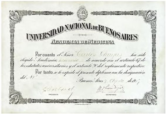 Diploma de sócio honorário da Academia de Medicina da Universidade Nacional de Buenos Aires, Argentina, 9 ago. 1917 Acervo Casa de Oswaldo Cruz Certificate of honorary membership in the National University of Buenos Aires’ Academy of Medicine, Aug. 9, 1917