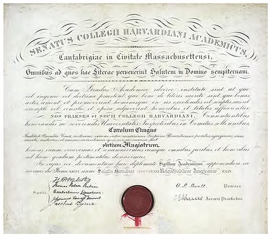 Diploma de doutor honoris causa da Universidade de Harvard, Estados Unidos, 23 jun. 1921. Chagas foi o primeiro pesquisador brasileiro a receber tal distinção Acervo Casa de Oswaldo Cruz Diploma of Doctor Honoris Causa from Harvard University, Jun. 23, 1921. Chagas was the first Brazilian researcher to receive this distinction