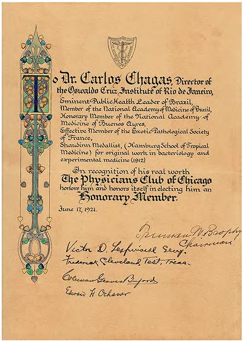 Diploma de membro honorário do Clube dos Médicos de Chicago, Estados Unidos, 17 jun. 1921 Acervo Casa de Oswaldo Cruz Certificate of honorary membership in the Physicians Club of Chicago, Jun. 17, 1921