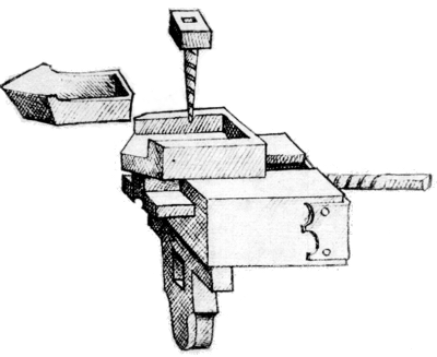 Figure 2.— Cross-slide for the thread-cutting lathe of Das mittelalterliche Hausbuch, shown in figure 1. It is remarkable not only for its early date, but also for its high state of development with a crossfeed screw which had not become universally accepted 300 years later. The cutter, shown out of its socket, is obviously sharpened for use on wood.