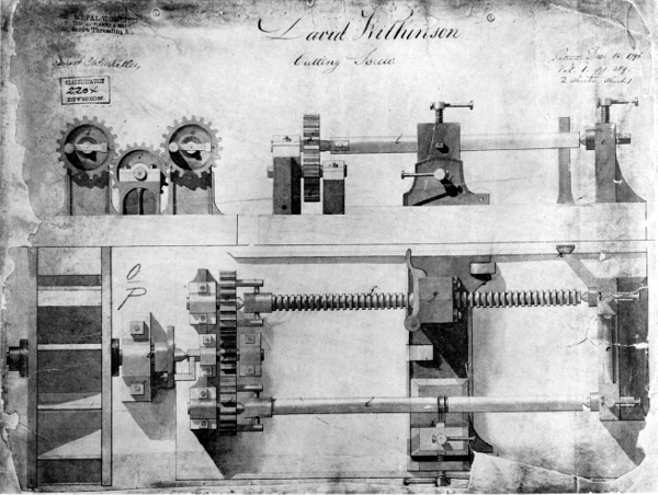 Figure 17.—David Wilkinson’s screw-cutting lathe, patented in the United States in 1798. Note the ready facility with which the lead screw may be exchanged for another and the same means of supporting and driving as in figure 15. (U.S. National Archives photo.)