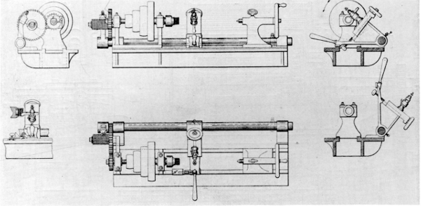 Figure 18.—Nason’s lathe, patented in 1854, showing a master lead screw driven at less than work speed so that the master could be of a coarser and more durable pitch than the work. U.S. patent 10383.