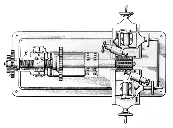 Figure 21.—A hob-grinding machine of 1933, showing use of the master screw with a modifier but without change gears. Carl G. Olson’s U.S. patent 1901926.