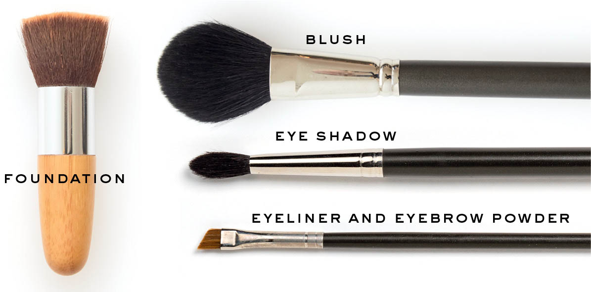 Photos of makeup brushes for: foundation, blush, eye shadow, and eyeliner and eyebrow powder