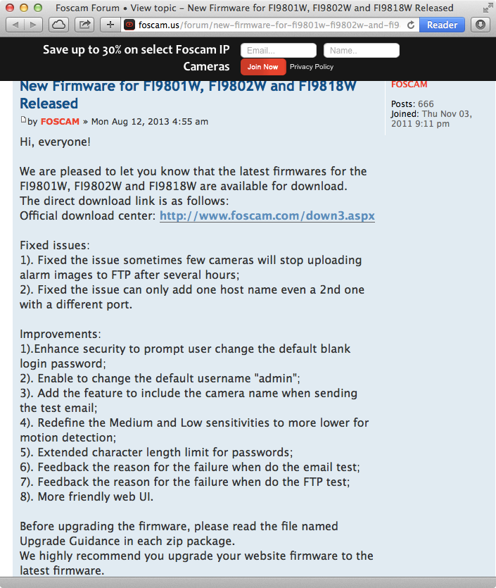 Foscam releases a firmware update that requires manual processes