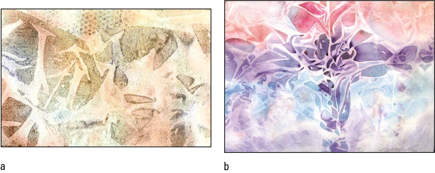 Figure 4-5: Close up textures from various types of plastic wrap and an abstract painting using the plastic technique.