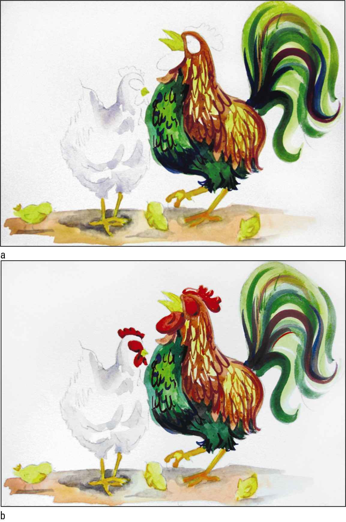 Figure 12-11: Layers of feathers build up a rooster.