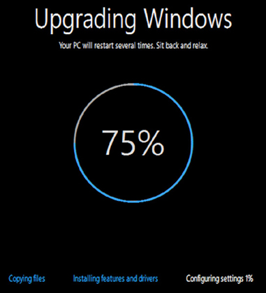 Screenshot titled Upgrading Windows shows the percentage of completion inside a circle at the center and the message Your PC will restart several times- sit back and relax.  