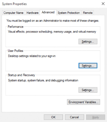 Screenshot shows three sections with Settings button such as performance, user profiles and startup and recovery. It shows the user should be logged on as an administrator to make most of the changes.