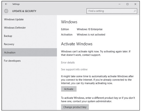 Screenshot shows details such as edition and activation status under the heading Windows and Change Product Key button and Activate button under the heading Activate Windows.