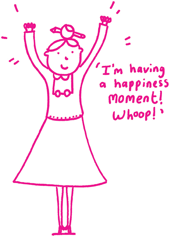 Image of a young girl with a smiling face, labeled “I'm having a happiness moment! Whoop!”