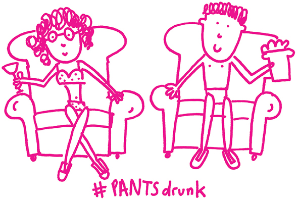 Image of a smiling man and a woman, both in briefs, with each sitting in a couch and holding a drink. Below it is the text “# PANTS drunk.”