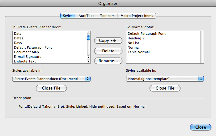 Say you’ve created a paragraph style in a document (Pirate Events Planner.docx, in this example), and you’d like to be able to use it in every new, blank document you start. Click the style in the left box (Date, for example), and then click the Copy button. Word adds the Date style to the Normal template, so you can apply it to text in any document you create in Word.