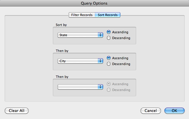 Use the Sort Records tab on the Query Options box to determine the order for your form letters, envelopes or labels. You can sort by multiple fields. Here the sort alphabetically groups states and then cities within states.