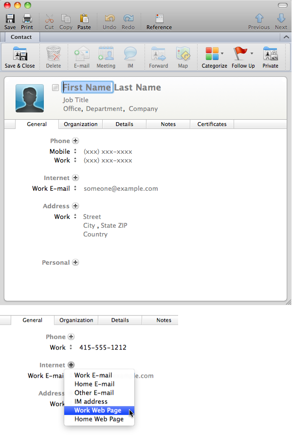 Top: With lots of blanks and five tabs, the contact form may look like a lot of work, but you only have to fill in the details that are important to you.Bottom: If you don’t see the form labels you need, click the plus buttons to display additional options.