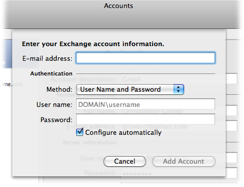 In the event that you have to set up your own Exchange account, you can do that from Outlook by going to Tools→Accounts and then clicking the + Add Accounts button to open this dialog box. You’ll still need to get the technical details about your company server from the powers that be.