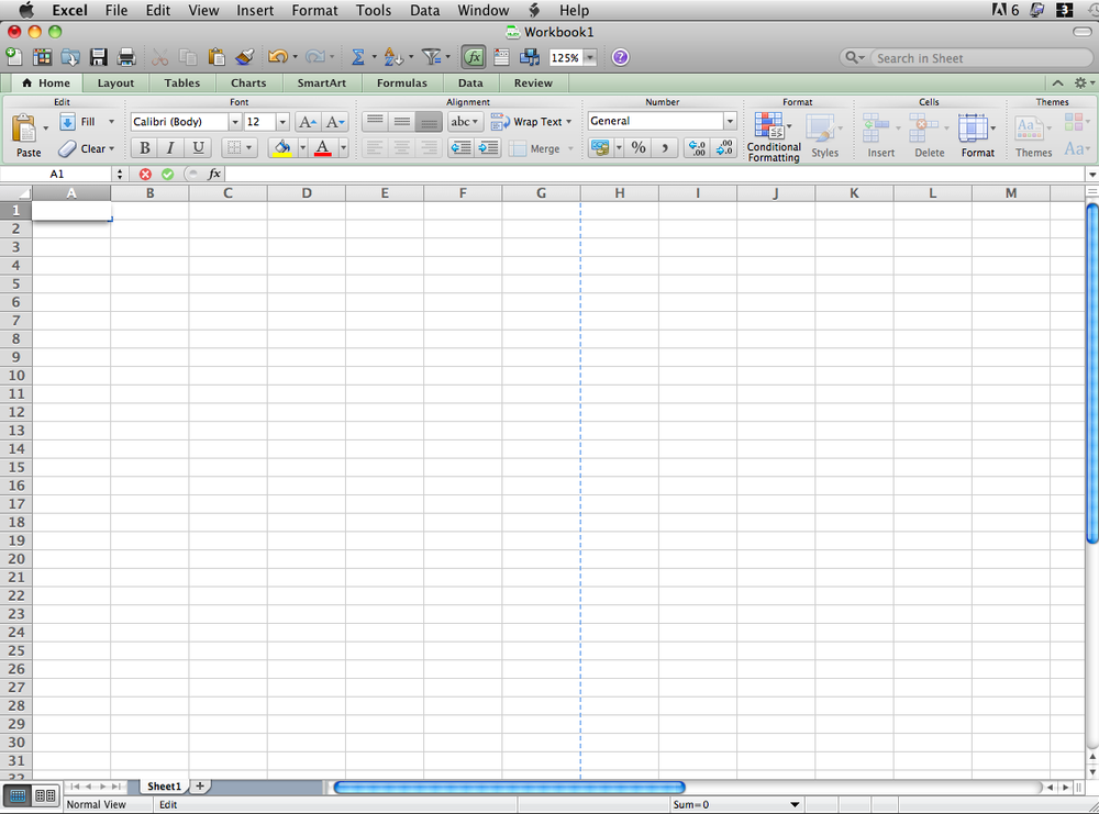 Excel 2011 has all the usual Mac OS X doodads, like close, minimize, and zoom buttons, and a status bar. In the status area at the bottom left, Excel tells you what it thinks is happening—in this case, Edit indicates the active cell (A1) is being edited.