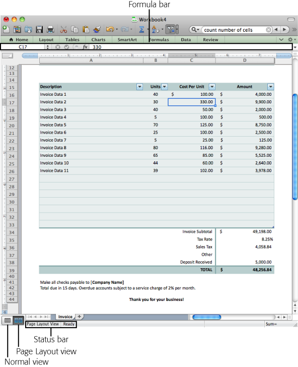 Use Excel templates to get a jump on your project. Spreadsheets like this invoice form provide both attractive formatting and built-in formula smarts. In many cases, all you need to do is fill in the blanks. Click a cell and start typing to enter your data. Use Tab or Return to move to the next column.