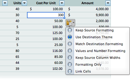 A smart button often appears just after you paste data into a cell. Click its arrow to display a small menu from which you can choose to retain the source formatting (so that the text keeps the formatting it had in its original location) or match the destination formatting (in which Excel automatically adjusts the text to the formatting in the current workbook). Variations include pasting just the values and number formatting, pasting the source column width, pasting just the cell formatting, and creating a link to the source cell (see page 398). Since Excel isn’t psychic, the smart button gives you a chance to tell it whether you had the old or new formatting in mind.