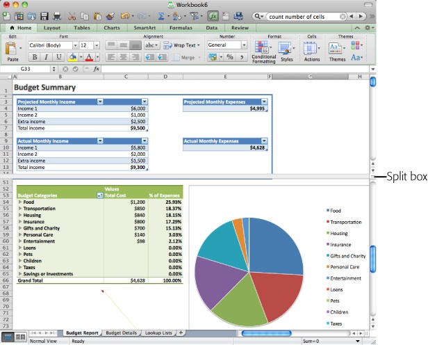 Double-click or drag the horizontal or vertical split boxes to simultaneously view two or four parts of a large spreadsheet in one window. Double-click the bar between panes to remove the split view.