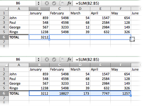 To use the fill handle, select the cell containing the formula or values you want to replicate and drag the tiny fill handle at the lower-right corner of the selection across the cells you want to fill. When you release your mouse, Excel fills the cells and displays the smart button, giving you the option to fill with or without formatting, or with formatting only.