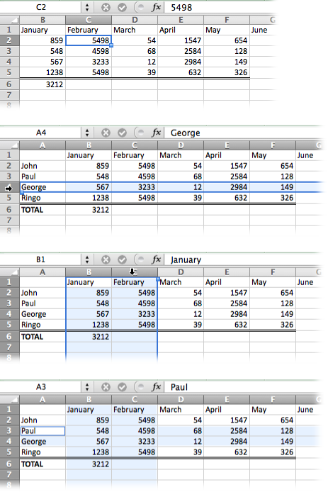 You can highlight spreadsheet cells, rows, and columns in various combinations. You can copy using rectangular-shaped selections, but you can apply cell formatting changes to any group of selected cells.Top: Click a cell (or arrow-key your way into it) to highlight just one cell.Second from top: Click a row number or column letter (row 4, in this case) to highlight an entire row or column.Third from top: Drag to highlight a rectangular block of cells; add individual additional cells to the selection by ⌘-clicking.Bottom: ⌘-click row headings and column headings to highlight intersecting rows and columns.