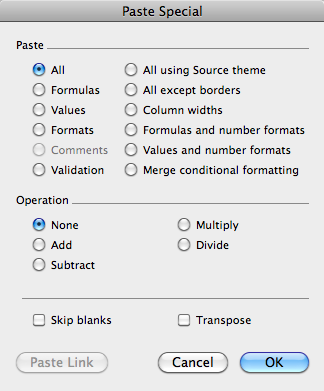 The Paste Special command lets you paste formulas, comments, and formatting independently. The Operations options let you perform a mathematical operation as you paste, such as adding what you’ve copied to the contents of the cells you’re pasting over.