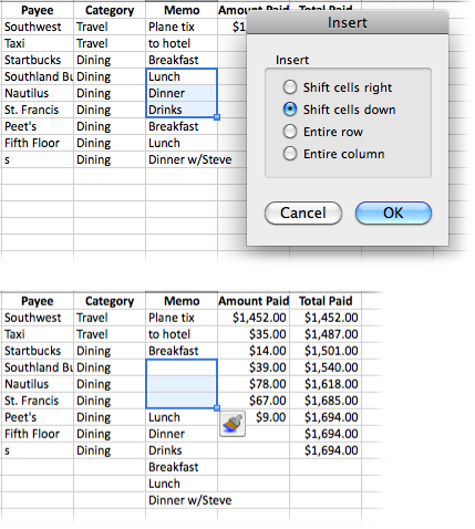 When you select cells and then choose Insert→Cells, Excel asks where you want to put the new cells (top). The two buttons at the bottom let you insert entire rows or columns. Excel then inserts the same number of cells as you’ve selected in the location selected, and moves the previous residents of those cells in the direction that you specify (bottom). In addition, the Format smart button appears, giving you three choices: format your new cells to match those above, those below, or without formatting at all.