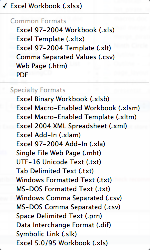 Excel gives you a long list of file formats when you use Save As. If you’re like most spreadsheet artists, you’ll rarely use most of these, but they are there when you need them.