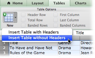 You can create tables using the Table | New ribbon menu. Choose the “Insert Table with Header” option when you’ve already created headings at the top of your data. Choose “Insert Table without Header” if you haven’t yet defined your headings (field names).