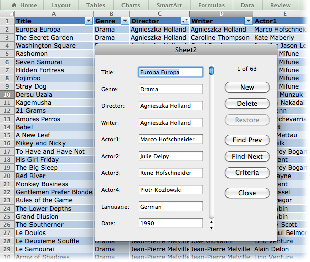 Data forms like this one simplify data entry and make it less likely that you’ll make a mistake. When you use a data form, you don’t have to click on any cells or create new rows in your table. The form and its buttons manage those details for you.