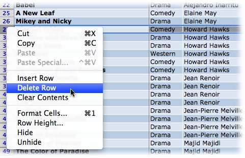 When you click one of the row numbers on the edge of your worksheet, it selects and highlights the entire row all the way out to the end of the worksheet. Then with a right-click (Control-click), you can insert a row or delete the highlighted row.