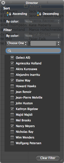 The sort and filter box shown here was expanded by dragging the lower-right corner. It now shows all the Directors listed in the table. Female directors, a sadly under-represented breed, are selected in the list and consequently displayed in the table.