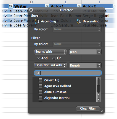 In addition to the checkboxes, you can build filters using the menus and text boxes. The menus give you the power to analyze the data to see if they equal, contain, begin with or end with the criteria you supply in the text box.