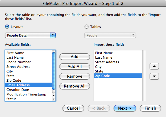 If one of the FileMaker file’s layouts contains the fields you want, click the Layouts button and select its name from the pop-up menu. Otherwise, click the Tables button and select the database file name from its pop-up menu (which also displays the names of other linked FileMaker files) to display the list of every field in the database. Next, choose the fields you want by double-clicking each in the “Available fields” pane on the left. (Move all fields at once by clicking the Add All button.) This action adds each selected field to the pane on the right. You can then rearrange the order of the fields in the right-hand list by selecting one and then clicking the up and down arrow buttons on the right.