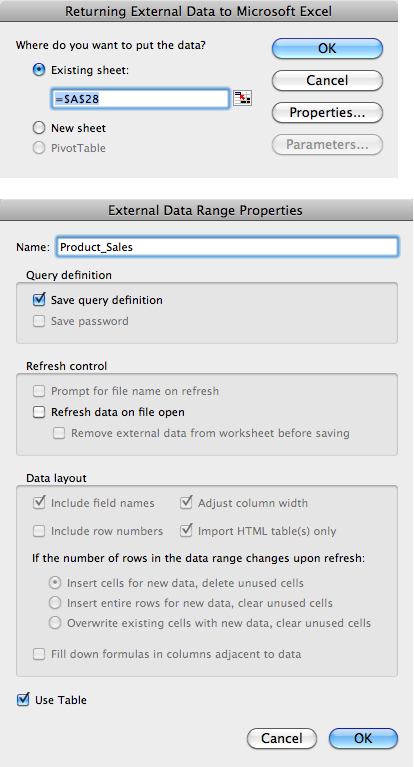 The last step in bringing in FileMaker Pro data is choosing where the data goes (top). With the click of a radio button, it can be delivered into the worksheet currently open or into a new worksheet. Clicking Properties brings up the External Data Range Properties dialog box (bottom), whose options include “Refresh data on file open” (sets whether Excel receives fresh data every time the file opens) and “Use Table” (puts data into a table). The table object offers easy sorting and filtering. But to use the data layout controls in this dialog box, you have to first turn off “Use Table” and forgo the extra features it provides. (See page 411 for table details.)