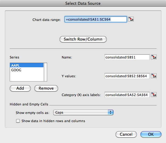 The cell-selection icon just to the right of each of the three fields, appears in dozens of Excel dialog boxes. When you click it, Excel collapses the dialog box, permitting access to your spreadsheet. Now you can select a range by dragging. Clicking the cell-selection icon again returns you to the dialog box, which unfurls and displays, in Excel’s particular numeric notation, the range you specified.