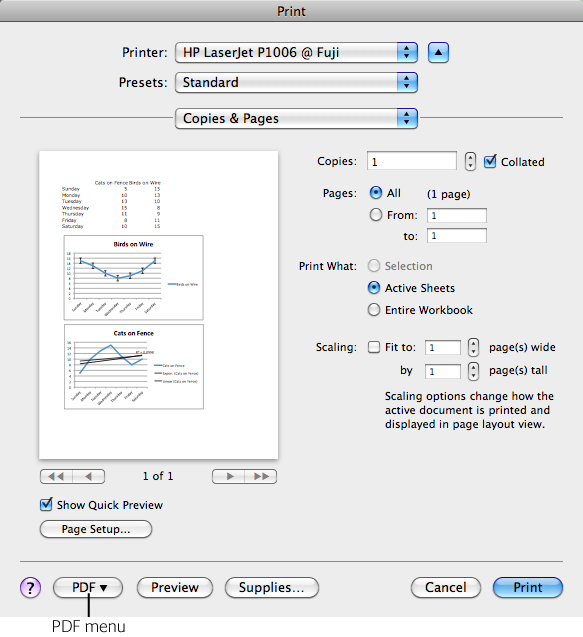 When you choose File→Print, the standard print dialog box appears, subtly enhanced with Excel-only features. Use the Print What radio buttons to choose between entire workbook, just the active sheets, or only a selected area. If you need to squeeze all the rows or columns onto a certain number of pages, click the Scaling checkbox and enter the number of pages wide and tall. This feature frequently comes in handy to fit a just-slightly-larger-than-one-page spreadsheet onto one page.