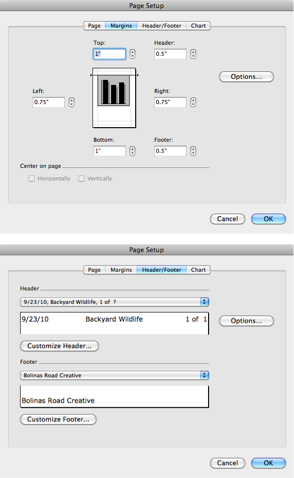 Top: The Margins portion of the Page Setup window gives you power over your sheet’s margins when printed, naturally. It lets you set top, left, right, and bottom margins, and it gives you the chance to determine how much top and bottom space is left over for headers and footers—useful if you have particularly large headers and footers. The checkboxes at the bottom of the box let you set how—and whether—your printouts are centered on the page.Bottom: The Header/Footer part of the Page Setup dialog box is where you can set text to be printed on the top or bottom—or both—of every page.