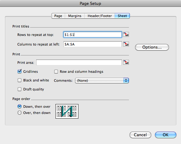 The Sheet portion of the Page Setup window lets you set a print area (if you haven’t already done so). If you want to display a certain range of data on every page, you can specify that certain rows repeat at the top of each page and/or columns repeat on the left of each page. It gives you five print options, letting you choose to print gridlines, row and column headings, print in black and white or draft quality, and print comments you may have added to the spreadsheet. Finally, you can choose print order: whether pages are printed down and then over, or over and then down.