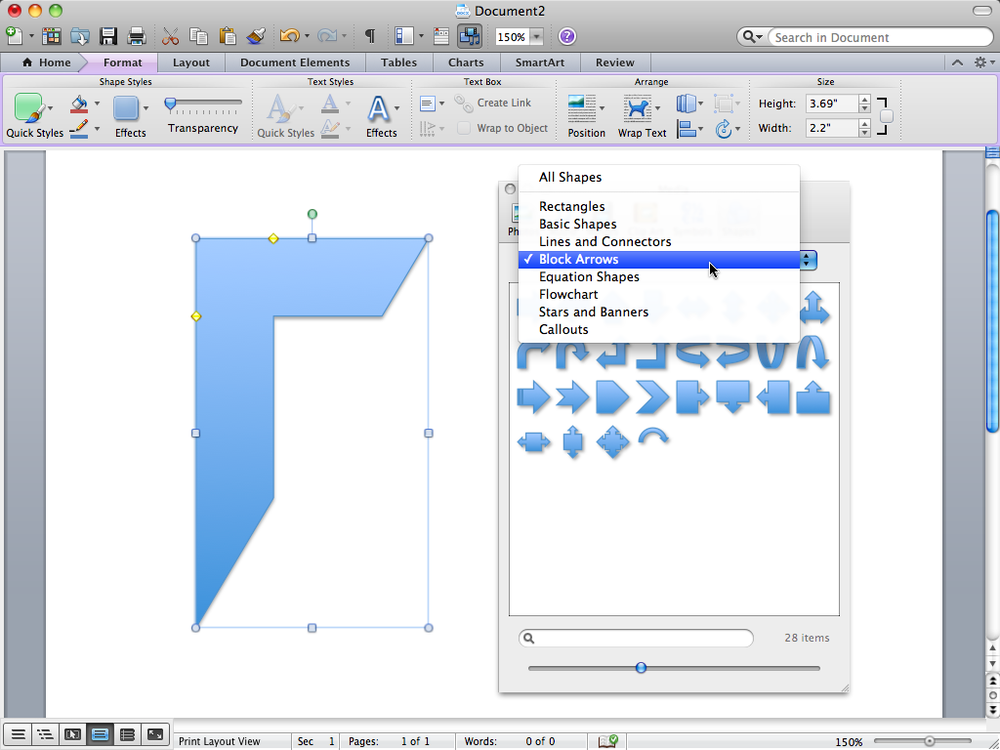 The Shapes browser works like the other media browser windows. You use the menu (open here) to choose a category. Drag shapes from the browser to your document. When selected in a document, the shape displays handles that you can use to modify the shape. The Format ribbon also appears when shapes are selected.