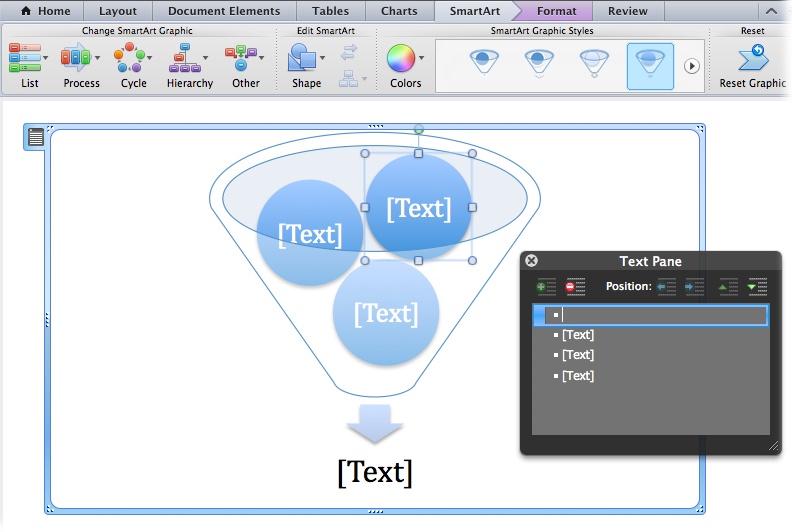 Top: As you hold your cursor over a SmartArt thumbnail in the Elements Gallery, a short description of the diagram appears at the left. Click a thumbnail to insert it in your document.Bottom: You can enter text either directly in the diagram or in the Text Pane. The button on the upper-left corner of the selection frame hides or reveals the Text Pane.