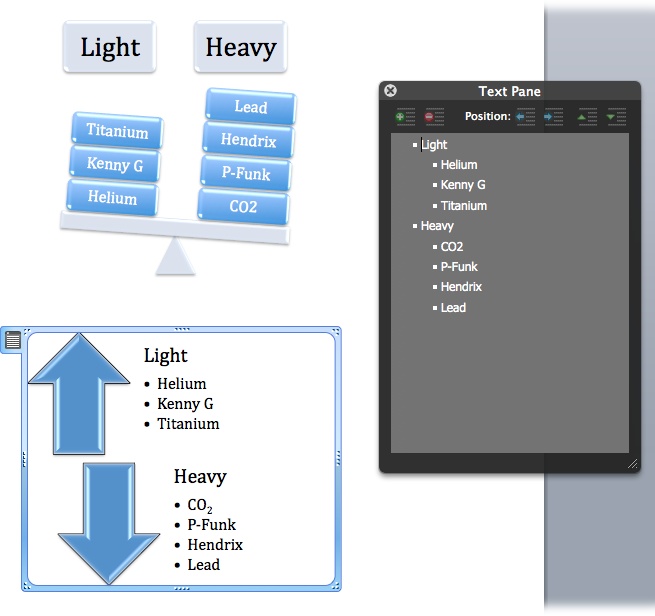 As you enter your data in the SmartArt Text Pane (right), your words appear in the graphic (top). Click some of the other SmartArt graphics in the Change SmartArt Graphics group to see the same data displayed in different ways (bottom).