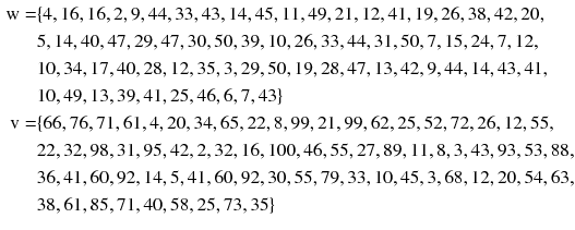 
$$ \begin{aligned} {\text{w}} = & \{ 4, 1 6, 1 6, 2, 9, 4 4, 3 3, 4 3, 1 4, 4 5, 1 1, 4 9, 2 1, 1 2, 4 1, 1 9, 2 6, 3 8, 4 2, 20, \\ &5, 1 4, 40, 4 7, 2 9, 4 7, 30, 50, 3 9, 10, 2 6, 3 3, 4 4, 3 1, 50, 7, 1 5, 2 4, 7, 1 2, \\ &10, 3 4, 1 7, 40, 2 8, 1 2, 3 5, 3, 2 9, 50, 1 9, 2 8, 4 7, 1 3, 4 2, 9, 4 4, 1 4, 4 3, 4 1, \\ &10, 4 9, 1 3, 3 9, 4 1, 2 5, 4 6, 6, 7, 4 3\} \\ {\text{v}} = & \{ 6 6, 7 6, 7 1, 6 1, 4, 20, 3 4, 6 5, 2 2, 8, 9 9, 2 1, 9 9, 6 2, 2 5, 5 2, 7 2, 2 6, 1 2, 5 5, \\ &2 2, 3 2, 9 8, 3 1, 9 5, 4 2, 2, 3 2, 1 6, 100, 4 6, 5 5, 2 7, 8 9, 1 1, 8, 3, 4 3, 9 3, 5 3, 8 8,\\ & 3 6, 4 1, 60, 9 2, 1 4, 5, 4 1, 60, 9 2, 30, 5 5, 7 9, 3 3, 10, 4 5, 3, 6 8, 1 2, 20, 5 4, 6 3, \\ &3 8, 6 1, 8 5, 7 1, 40, 5 8, 2 5, 7 3, 3 5\} \\ \end{aligned} $$
