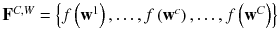 
$$ {\mathbf{F}}^{C,W} = \left\{ {f\left( {{\mathbf{w}}^{1} } \right), \ldots ,f\left( {{\mathbf{w}}^{c} } \right), \ldots ,f\left( {{\mathbf{w}}^{C} } \right)} \right\} $$
