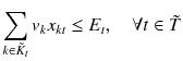 $$ \sum\limits_{{k \in \tilde{K}_{t} }} {v_{k} x_{kt} } \le E_{t} , \quad \forall t \in \tilde{T} $$