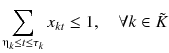 $$ \sum\limits_{{\upeta_{k} \le t \le \tau_{k} }} {x_{kt} } \le 1,\quad \forall k \in \tilde{K} $$